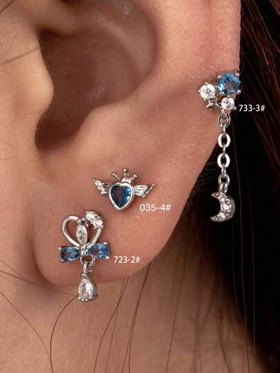 Toppiercing 1pc Multifunctional Copper-Plated Crown, Angel Heart Design Stainless Steel Cartilage Stud Earring With Cubic Zirconia Valentines