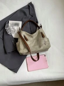 Đúng mốt Linh hoạt Mờ Textured Túi đeo vai , bờ biển Túi tote , Túi xách tay , Túi mua sắm , Dung lượng lớn - Màu Khaki - Xem 6