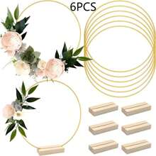 6pcs 12 Inch Metal Floral Hoop Rings Wreath Macrame Gold Craft Hoop Ring For Making Wedding Wreath Decor, DIY Dream Catcher And Wall Hanging Crafts, Valentine Day, Gift - 6 Golden Round Iron Ring + 6 Log Base - View 1