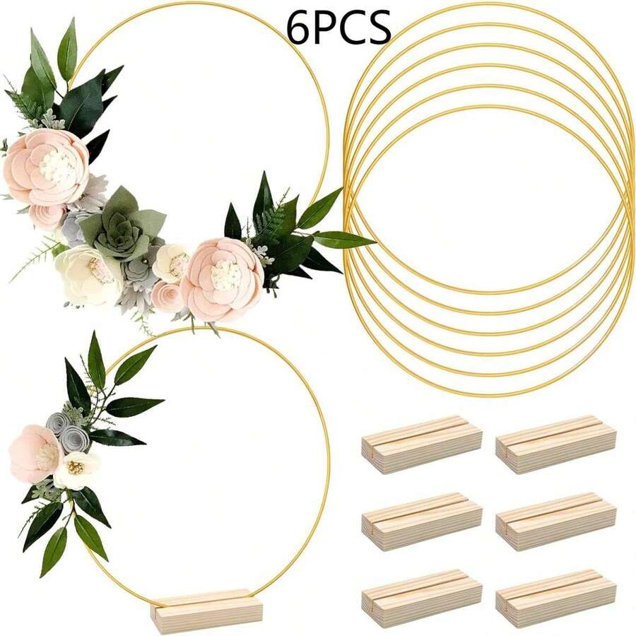6pcs 12 Inch Metal Floral Hoop Rings Wreath Macrame Gold Craft Hoop Ring For Making Wedding Wreath Decor, DIY Dream Catcher And Wall Hanging Crafts, Valentine Day, Gift - 6 Golden Round Iron Ring + 6 Log Base - View 1