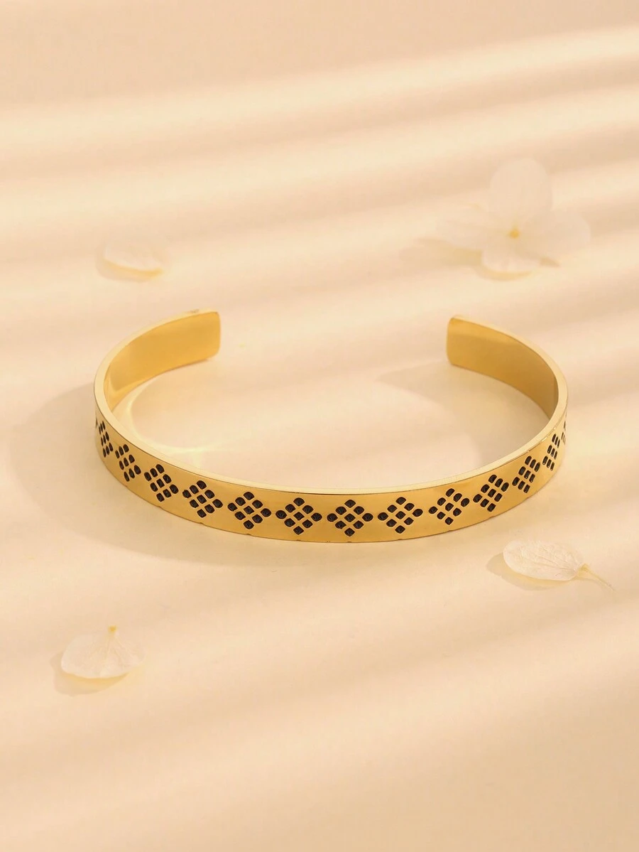 1入不鏽鋼手鐲,附有復古磨損油塗鑽石紋鋼質手環 - 金黃色 - 查看 1