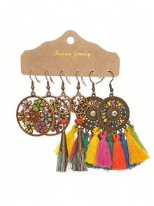 3套波希米亞風格流蘇耳環組合-時尚復古幾何形狀合金流蘇耳環,貝殼和綠松石裝飾 - 彩色 - 查看 27