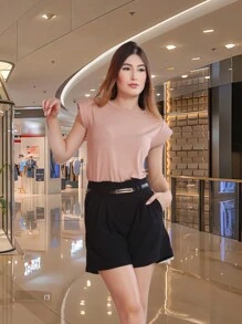 LXC T-shirt Cropped Feminina,casual fit em torno do pescoço cor sólida blusa - Bege - Visão 3