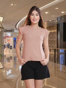 LXC T-shirt Cropped Feminina,casual fit em torno do pescoço cor sólida blusa - Bege - Visão 4