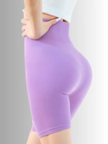 2 Piezas Set/ Shorts biker de cintura ancha unicolor Stretch - Lila Púrpura - Ver 4