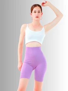 2 Piezas Set/ Shorts biker de cintura ancha unicolor Stretch - Lila Púrpura - Ver 5