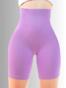 2 Piezas Set/ Shorts biker de cintura ancha unicolor Stretch - Lila Púrpura - Ver 3