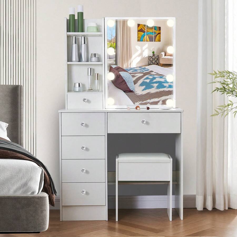 Vanity Makeup Dressing Table With Lighted Mirror 6 Drawers & Crystal Knob Pull - 白色 - 查看 1