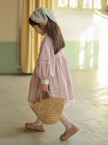 2024 Fall New Young Girl Vintage Style Floral Lace Ruffle Puff Sleeve Dress - Mauve Purple - View 6