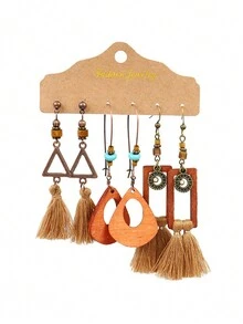 3套波希米亞風格流蘇耳環組合-時尚復古幾何形狀合金流蘇耳環,貝殼和綠松石裝飾 - 彩色 - 查看 24