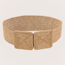 1pc Ladies' Square Rattan Plaited Belt With Metal Buckle And Woven Pp Grass Boho Summer, School Fall, Autumn, Halloween - Khaki - View 12