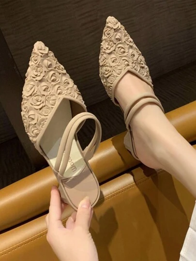 女士高跟玫瑰半拖鞋尖頭,優雅防水時尚駱駝色厚跟涼鞋,適用於春夏季節