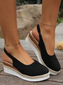 European And American Style Wedge Heeled Sandals For Women, With Closed Toe And Ankle Strap, Comfortable Thick Sole And Waterproof Platform, With Woven High Heels - Black - View 4