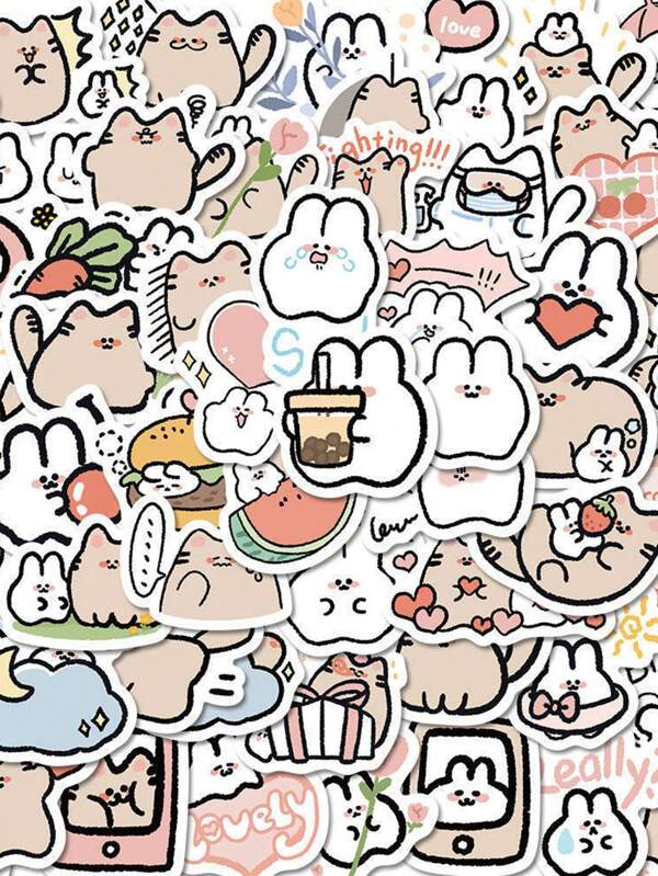 1 مجموعة ملصقات كرتونية لقطة وأرنب للزينة DIY في اليوميات، 58 قطعة، لوازم مدرسية، العودة للمدرسة