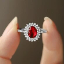 新品S925純銀復古仿紅寶石女戒，母親節禮物，奢華時尚女結婚戒指和雞尾酒會女性手飾 - 銀色 - 查看 12