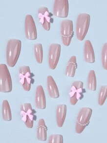 24 pièces/set Ongles pressés longs d'amande rose avec nœud papillon et fausse perle, un design doux et d'ongles fausses. Contient 1 pièce de colle gelée et 1 pièce de lime à ongles, convient pour un usage quotidien au travail et lors de fêtes, fournitures d'ongles pour femmes et filles