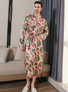 Men's Satin Nightgown With Long Sleeves And Blue Dragon Lantern Print Silk Sleepwear Suitable For All Seasons - Green - View 4