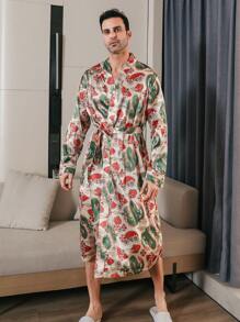 Men's Satin Nightgown With Long Sleeves And Blue Dragon Lantern Print Silk Sleepwear Suitable For All Seasons - Green - View 5