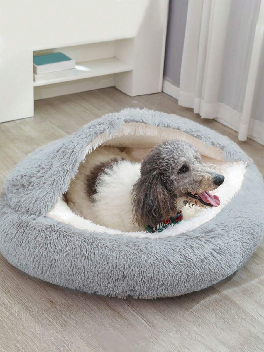 1pc Semi-Enclosed Plush Pet Bed With Hood, Suitable For Small, Medium And Large Cats And Dogs - Light Grey - View 1