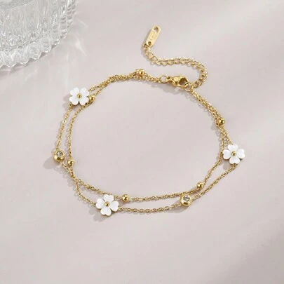 1 件四叶花与天然贝壳串珠不锈钢手链，适合女士情人节