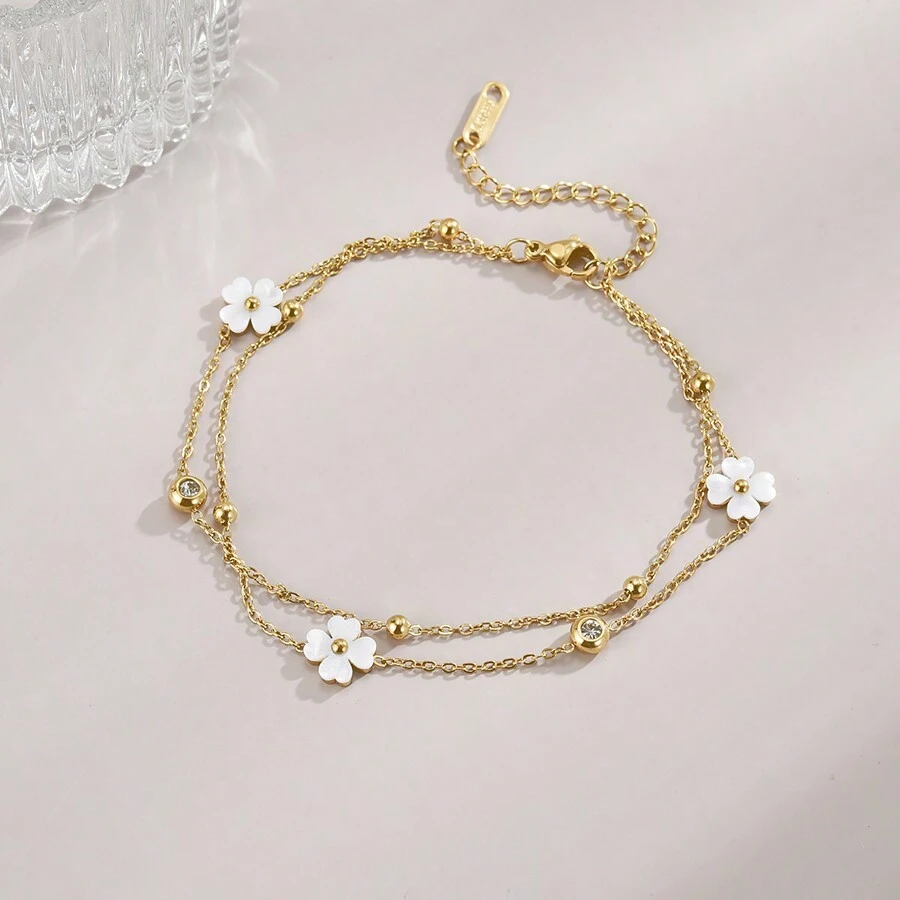 1pc Four-Leaf Flower & Natural Shell Beaded Stainless Steel Bracelet For Women Valentines - Yellow Gold - View 1