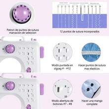 Máquina de Coser, Mini Máquina de Coser Máquina de Coser Eléctronico Portátil, 12 Puntadas Maquina de Coser con Luz de LED, Kit de accesorios de costura, Ideal para Ropa, Fundas de Almohadas, Sábanas - Morado - Ver 4