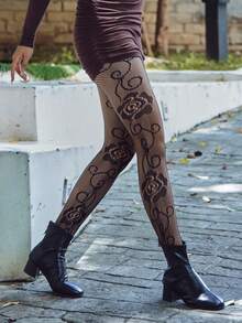 1pc Black Fishnet Rose Pattern Tights Sheer Pantyhose For Women's Spring And Summer - Black - View 4