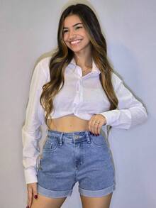 Women Denim Shorts - 淺色水洗藍 - 查看 5