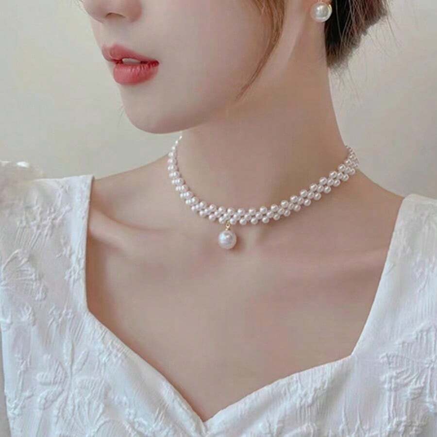 1pc New Arrival Pearl Necklace For Women, Retro & Unique Design, High-End Short Clavicle Chain - White - View 1