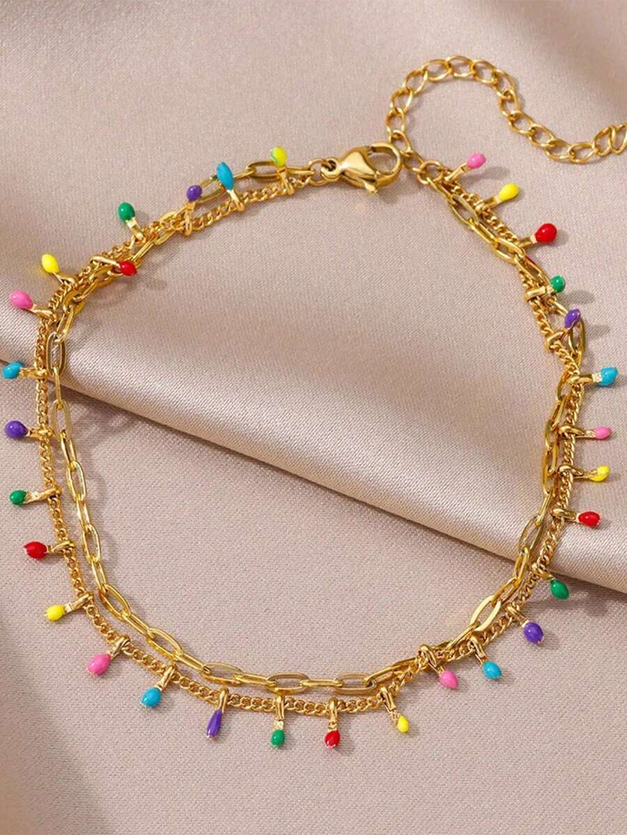 1 件彩色波西米亚风水滴脚链女士金色不锈钢脚链奢华婚礼唯美海滩夏季珠宝礼物