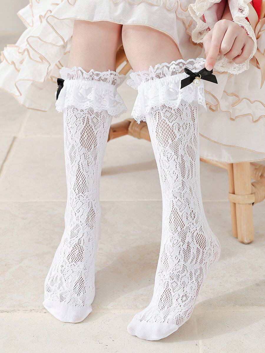 1 đôi Của Trân châu Công chúa Hoa Xu hướng: Cắt giảm Trên đầu gối Vớ Với Trang trí Bướm Đối với Mặc hàng ngày Hoặc Lễ cưới Mùa - trắng - Xem 1