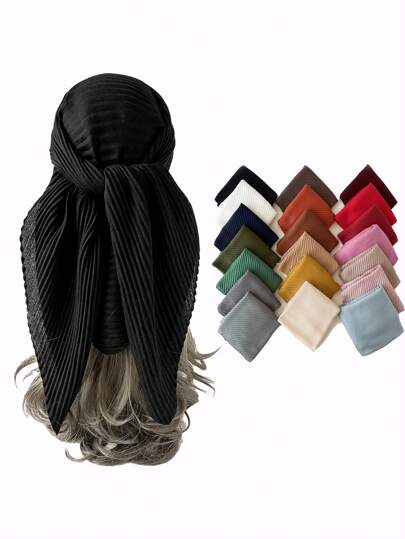 1pc Women's Solid Color Pleated Faux Silk Printed Square Scarf Hijab Headscarf Bandana