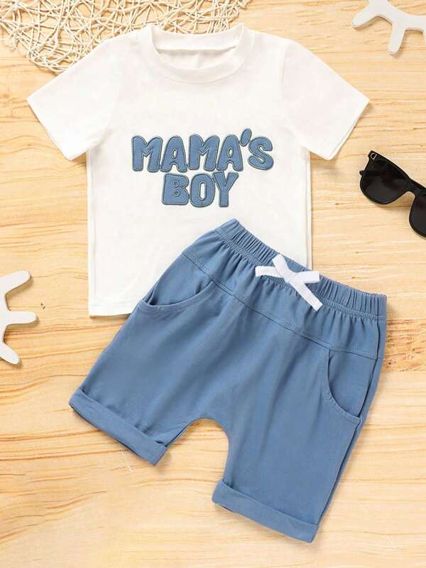 Baby Boy 2pcs Letter Embroidered Short Sleeve Round Neck T-Shirt And Solid Color Shorts