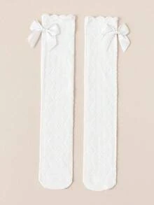 1 Pair Of Girls' White Hollow Mesh Bow Lace Calf Socks, Comfortable And Versatile, Suitable For Daily Wear - White - View 7