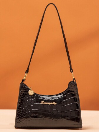 Fashionable Black Crocodile Embossed Women's Shoulder Bag