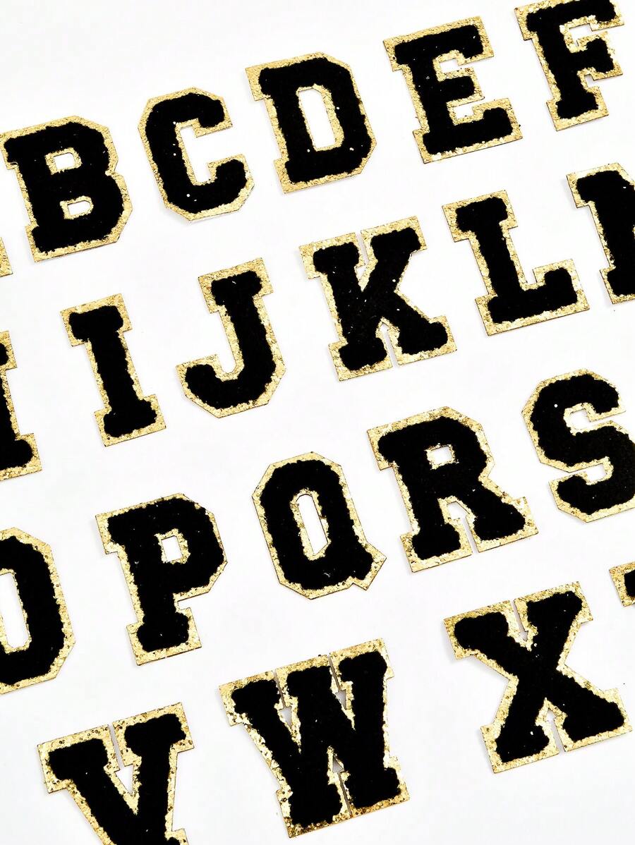26入組藍色絨布字母貼片，帶金邊（可熱熨貼），服裝配件，DIY縫製貼片