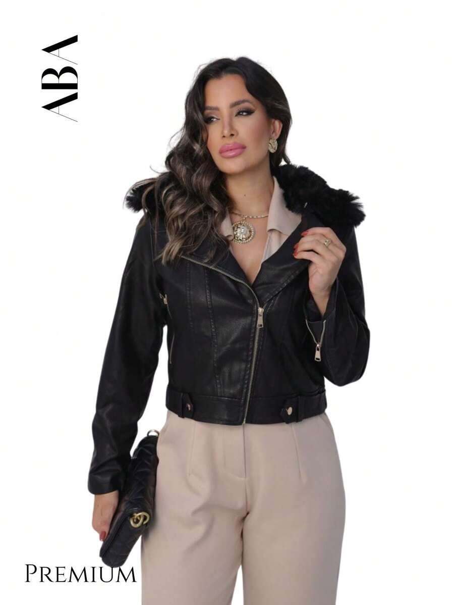 ABA PREMIUM Casaco Jaqueta Cropped Feminina de Courino com gola peluciada removivel - Preto - Visão 1