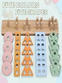 5pcs/Set Wooden Geometric Shape Stacking Pegs - Color Matching Cognitive Numerical Stacking Blocks Montessori Early Education Toys For Children 3+ Years Old