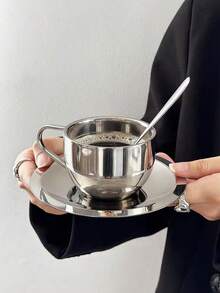 Set de ceai de cafea din oțel inoxidabil cu design de nișă, 1 bucată, ceai de după-amiază, set de căni de cafea și farfurii, retro și rafinat - Argint - Vizualizare 3
