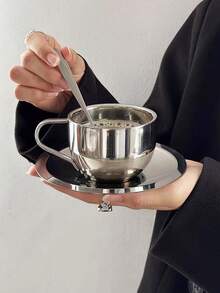 Set de ceai de cafea din oțel inoxidabil cu design de nișă, 1 bucată, ceai de după-amiază, set de căni de cafea și farfurii, retro și rafinat - Argint - Vizualizare 4