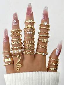 23入組簡約合金蝴蝶、心形、人造珍珠、扭曲、開放式女戒指,適合約會的完美禮物