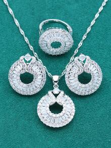 3入組立方氧化鋯鑲嵌耳環、戒指、吊墜和項鍊套裝 - 白色 - 查看 4