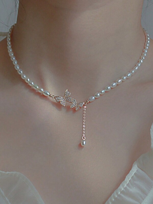 1pc Fashion Zirconia & Pearl Butterfly Necklace, Choker Style Elegant Collar Necklace, Actual Chain Length May Vary