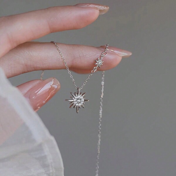 1pc Fashionable And Simple Style Luxury Sun, Moon, Stars And Flowers With Cubic Zirconia Necklace, Collarbone Chain For Summer Vacation Proposal Or Confession Gift Valentines,Mom,Mother,Mother's Day,Gift