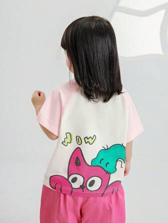 AMILA 2024年夏季新款年輕女孩運動對比色插肩短袖卡通印花休閒T恤