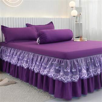 Conjunto De Falda De Cama De 3 Piezas (1 Falda De Cama + 2 Fundas De Almohada, Sin Núcleo De Almohada) Ropa De Cama Acolchada Antideslizante Y De Color Sólido, Apta Para Dormitorio Y Habitación De Invitados. Lavable A Máquina