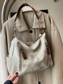 Đúng mốt Linh hoạt Mờ Textured Túi đeo vai , bờ biển Túi tote , Túi xách tay , Túi mua sắm , Dung lượng lớn - Màu Khaki - Xem 3