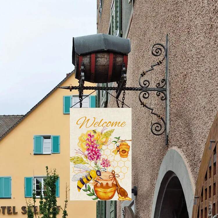 1 pieza de bandera de jardín de patrón de flores, abejas y mariposas "Bienvenido" impreso en ambos lados, 12x18 pulgadas, patrón colorido rosa/amarillo veraniego, decoración al aire libre de jardín de temporada vertical de arpillera para casa de campo. - C - Ver 7