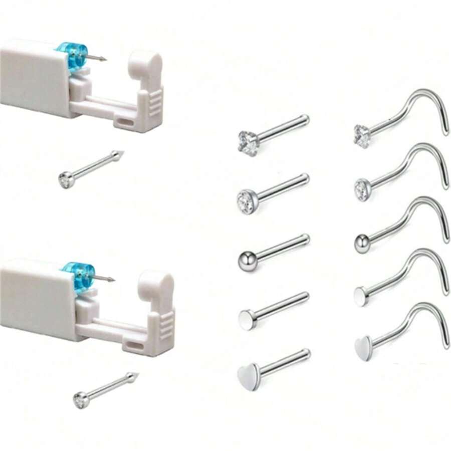 12pcs Nose Piercing Kit - Disposable Sterile Home Self Nose Piercing Gun Safe Painless Nose Stud Piercing Kit Tool With Stainless Steel Nose Pin - White - View 1
