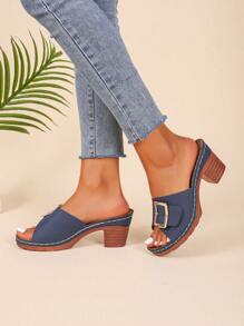 2025新款时尚金属扣设计露趾高跟凉鞋，蓝色粗跟性感防滑厚底凉鞋，女士高跟凉鞋，适合夏季日常穿着 - 藏蓝色 - 查看 3